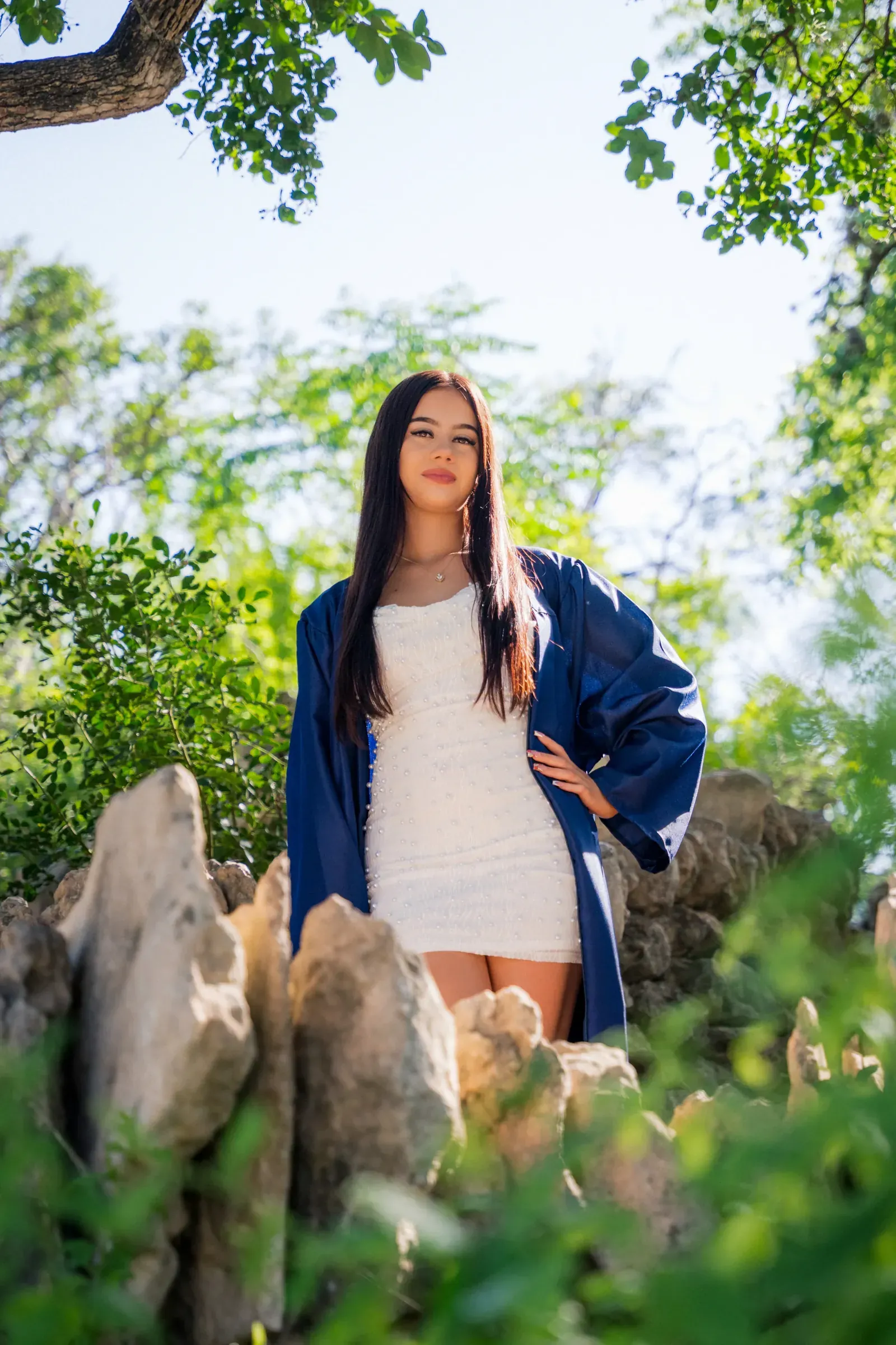 Close-up of Tayla with bokeh lights in the background.